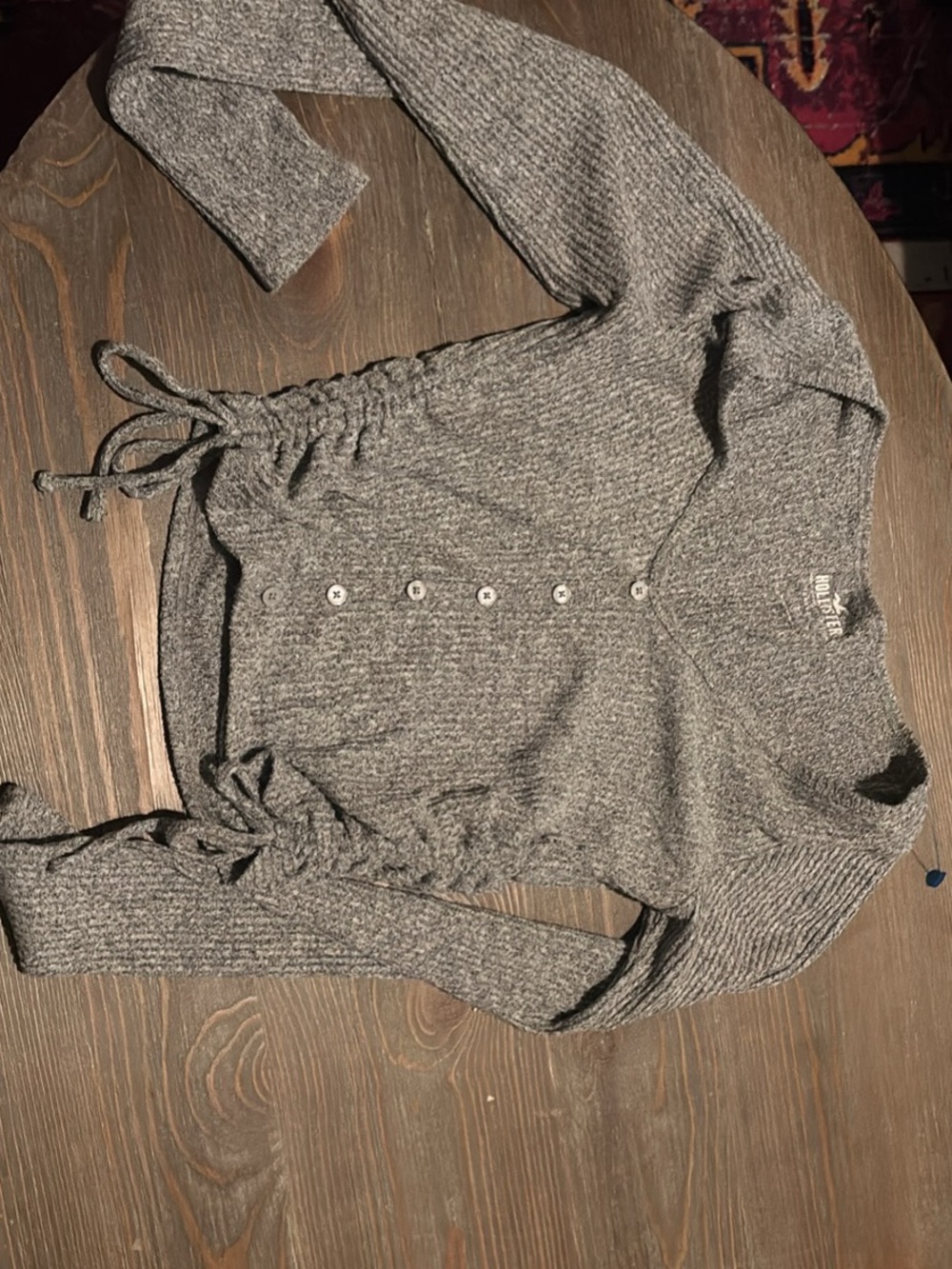 Hollister Gray Ribbed V-Neck Button-Front Sweater with Side Ties